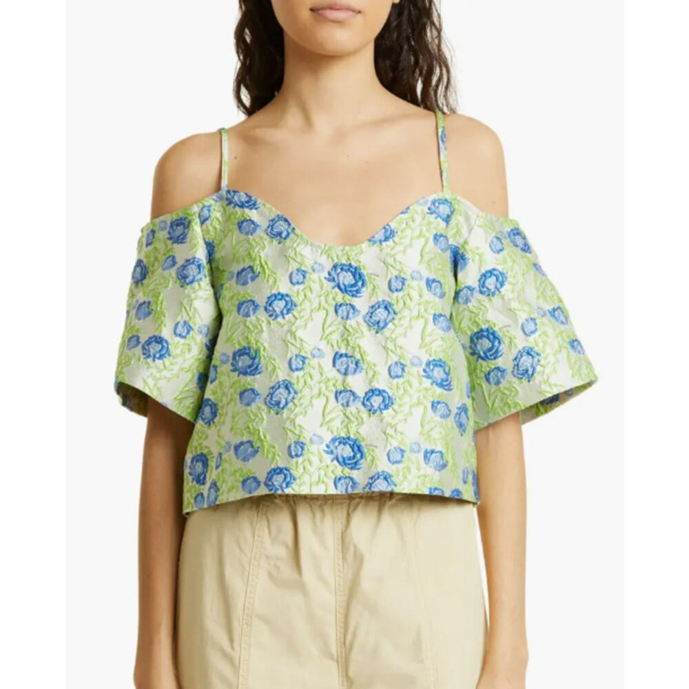 Ganni Women's 36 Crop Top Silver Green Blue Floral Jacquard Off Shoulder BQ19